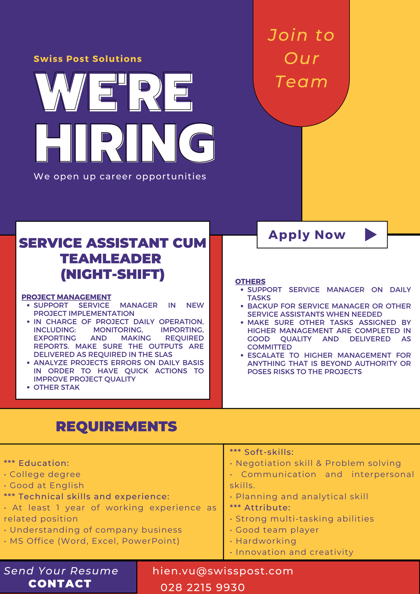 Swiss Post Solutions is hiring Service Assistant Cum Teamleader (Night-shift)