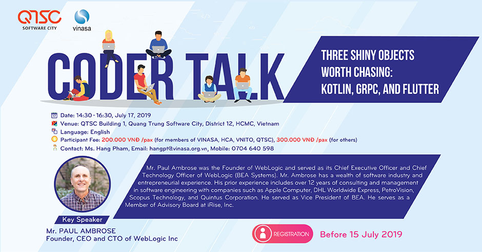 Mời tham dự chương trình “CODER TALK: Three Shiny Objects Worth Chasing: Kotlin, gRPC, and Flutter"