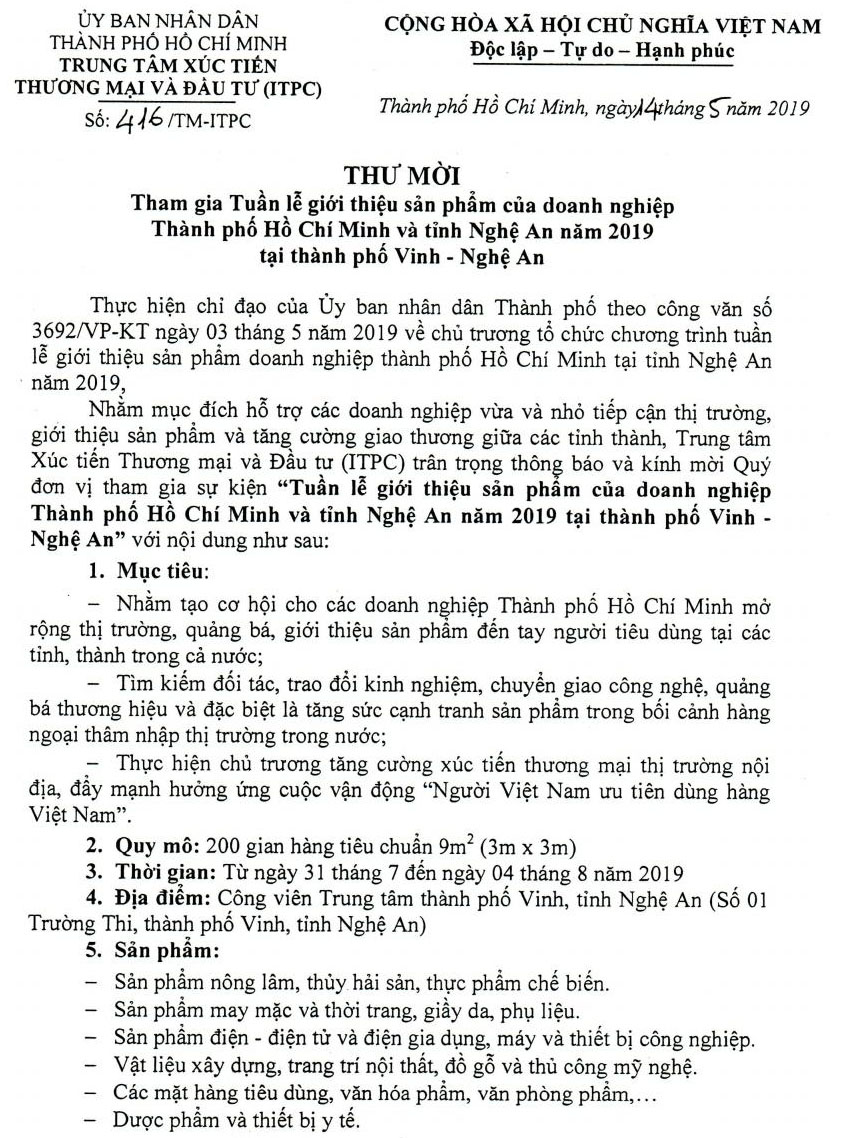 Thư mời tham gia tuần lễ giới thiệu sản phẩm doanh nghiệp TP.HCM tại tỉnh Nghệ An năm 2019