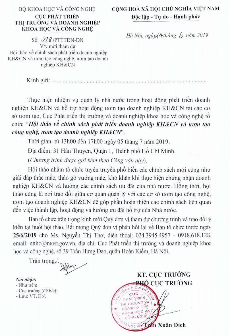 Mời tham dự Hội thảo về chính sách phát triển DN KH&CN và ươm tạo công nghệ, ươm tạo DN KH&CN