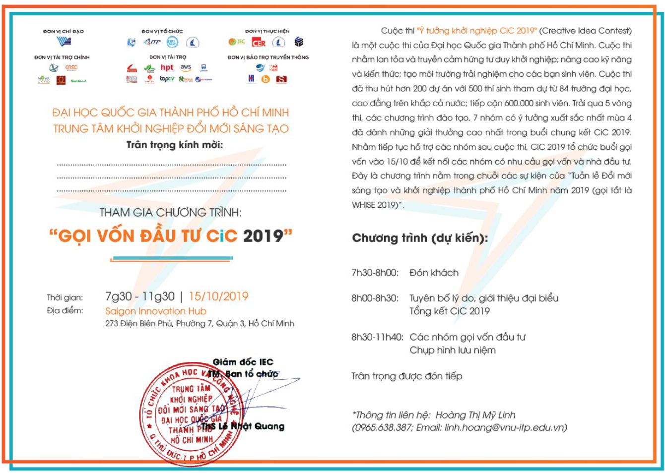 Mời tham gia chương trình "Gọi vốn đầu tư CiC 2019"