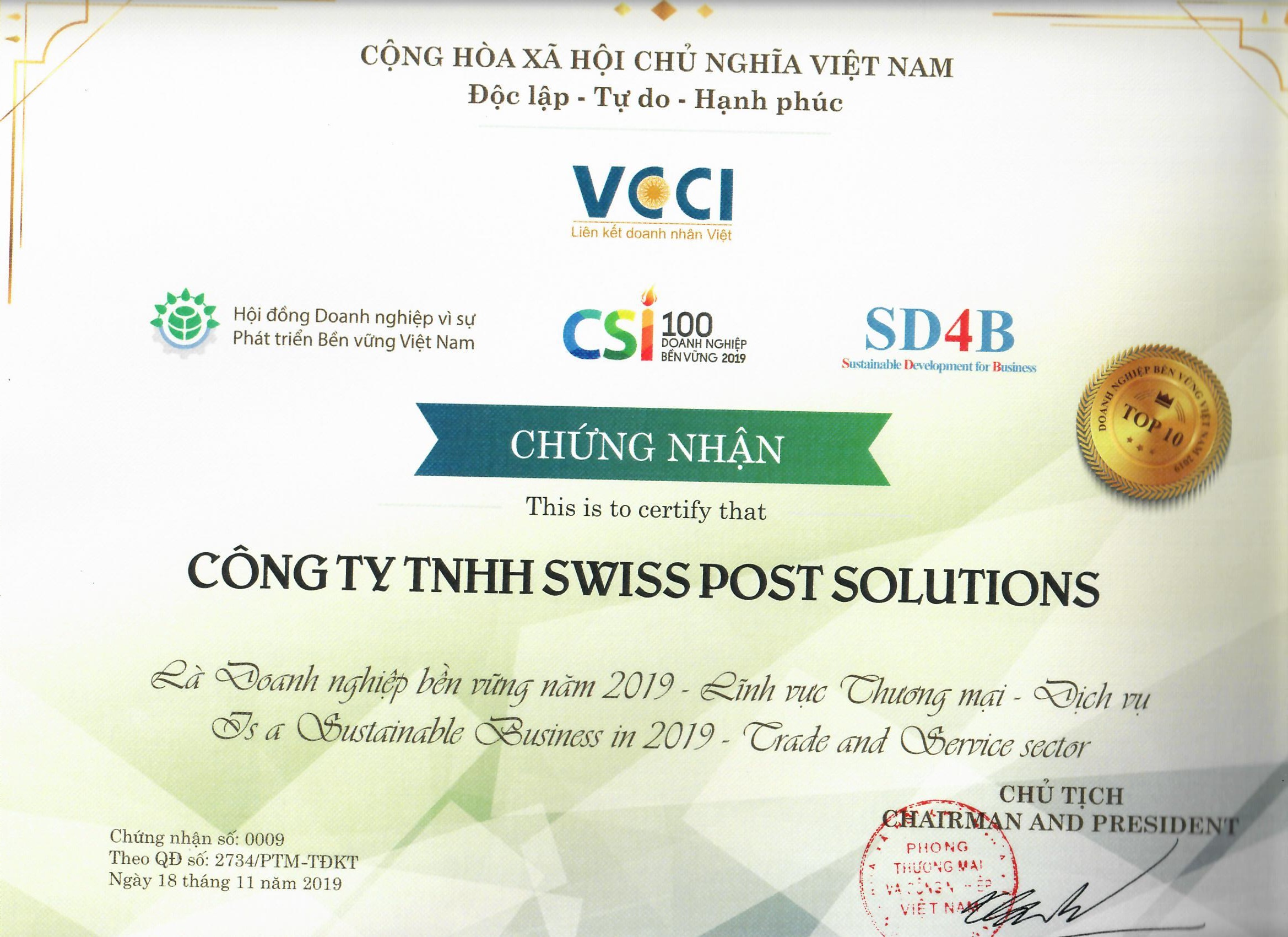 Swiss Post Solutions Vietnam được vinh danh lọt vào top 10 Doanh nghiệp Bền vững Việt Nam 