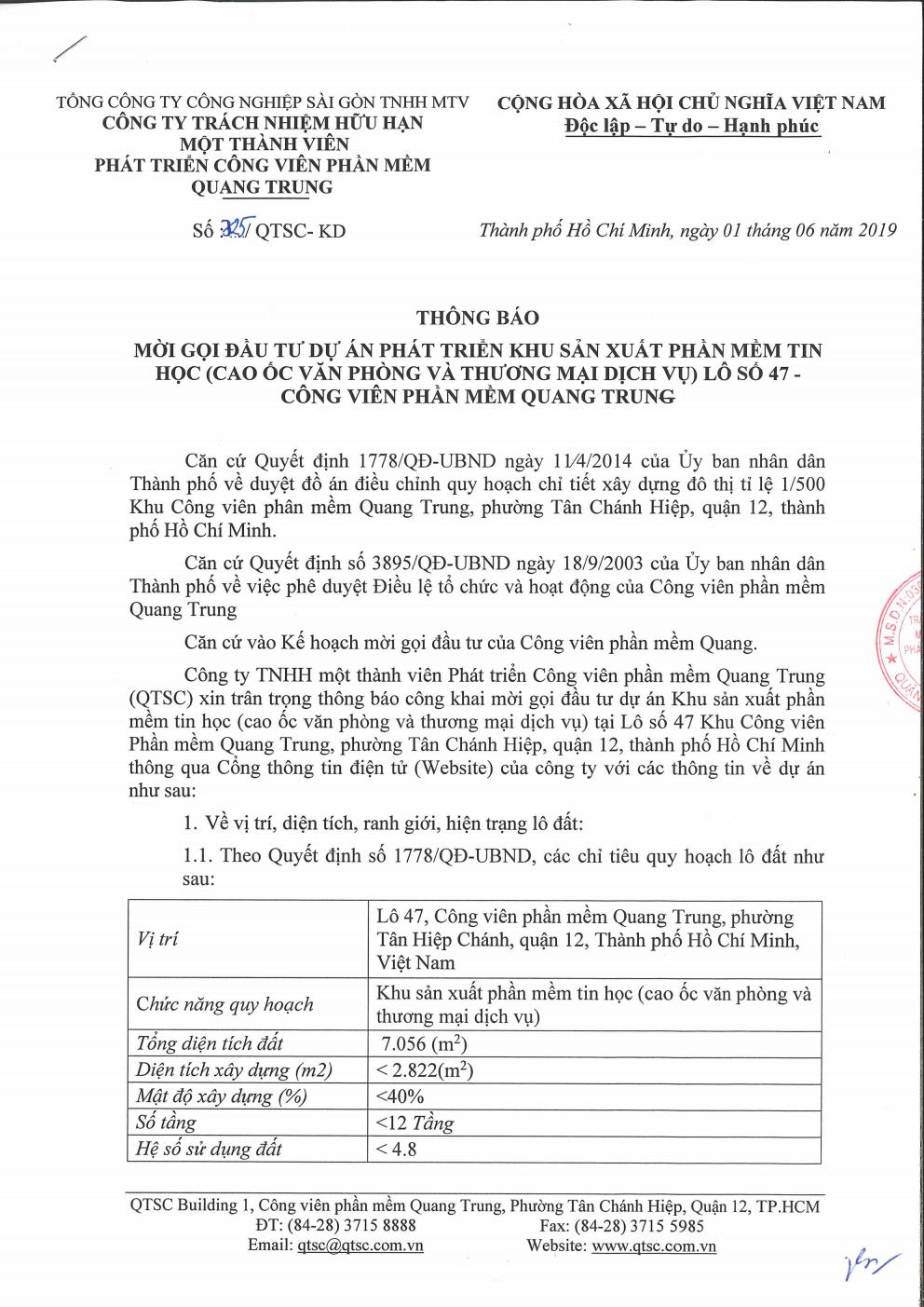 Thông báo mời gọi đầu tư dự án phát triển khu sản xuất phần mềm tin học (Cao ốc văn phòng và thương mại dịch vụ) lô số 47 - CVPM Quang Trung