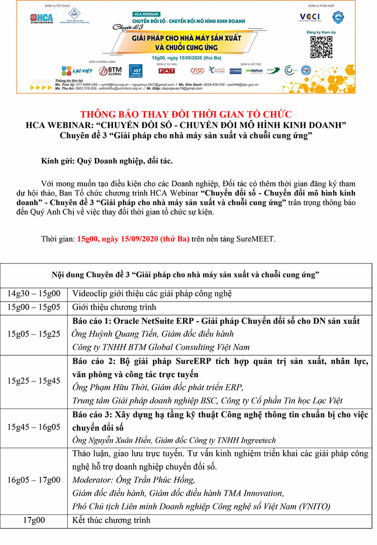 HCA thông báo thay đổi thời gian tổ chức Chương trình HCA Webinar “Chuyển đổi số - Chuyển đổi mô hình kinh doanh” - Chuyên đề 3 “Giải pháp cho nhà máy sản xuất và chuỗi cung ứng”