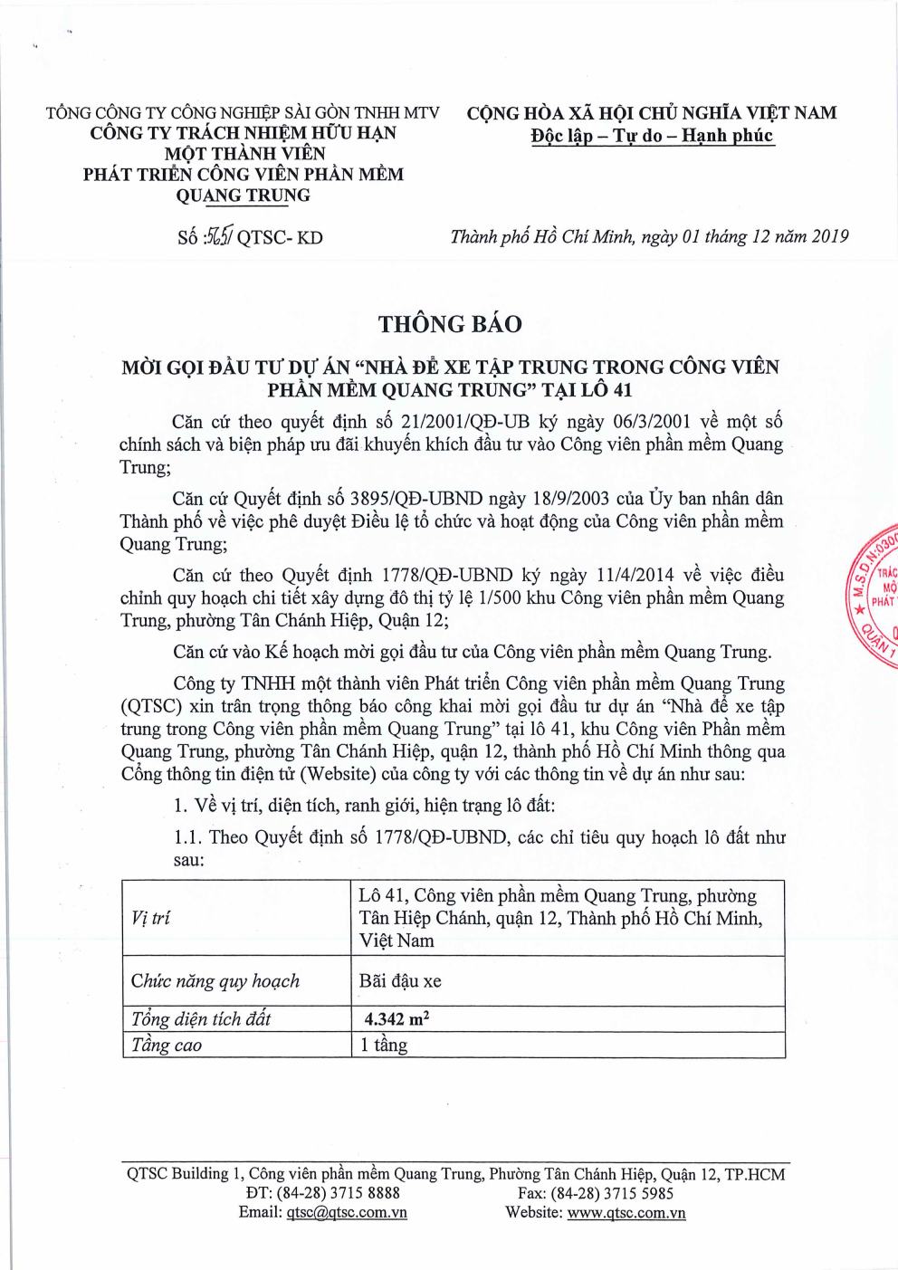Thông báo mời gọi đầu tư dự án “Nhà để xe tập trung trong Công viên phần mềm Quang Trung” tại Lô 41