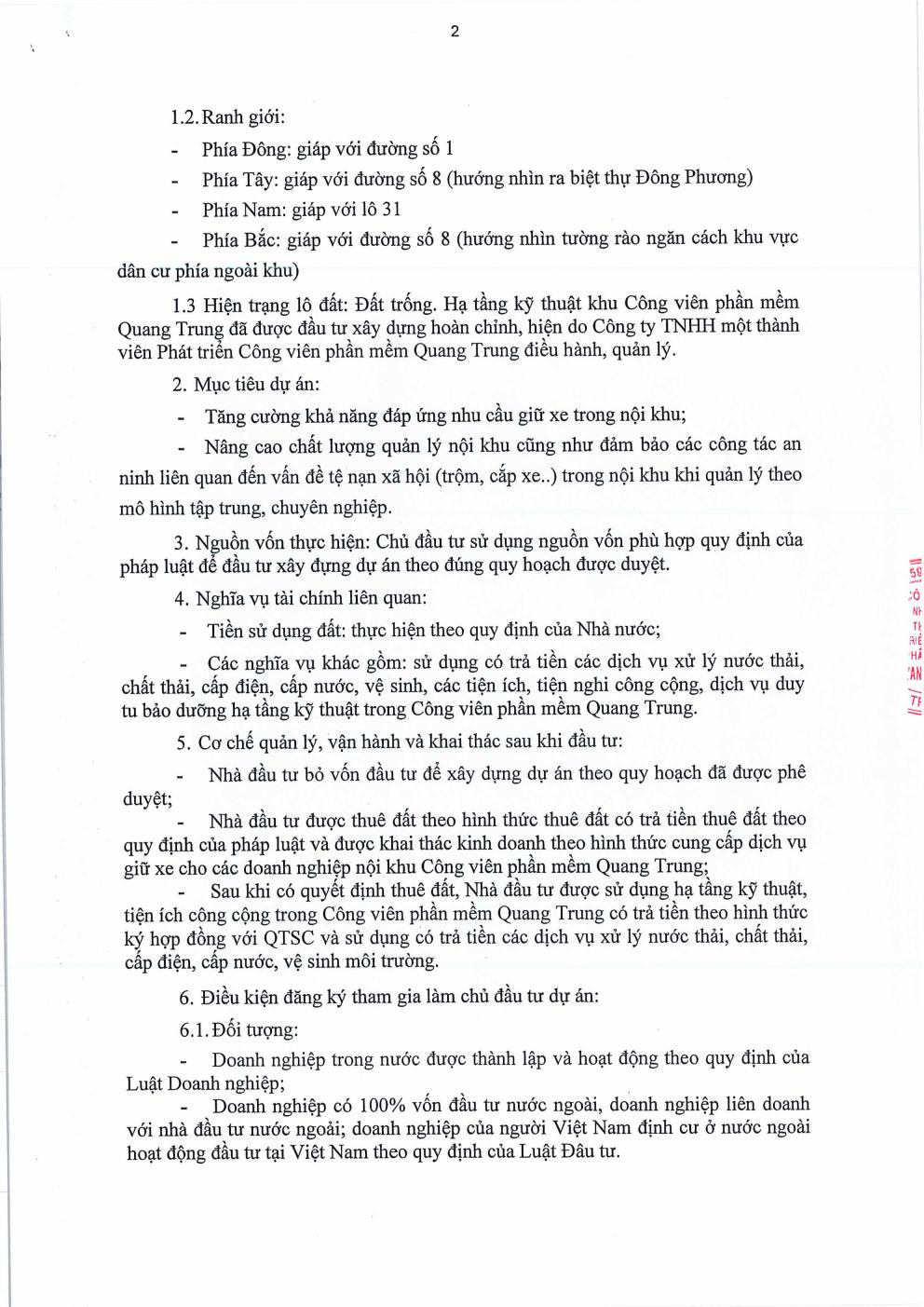 Thông báo mời gọi đầu tư dự án “Nhà để xe tập trung trong Công viên phần mềm Quang Trung” tại Lô 41