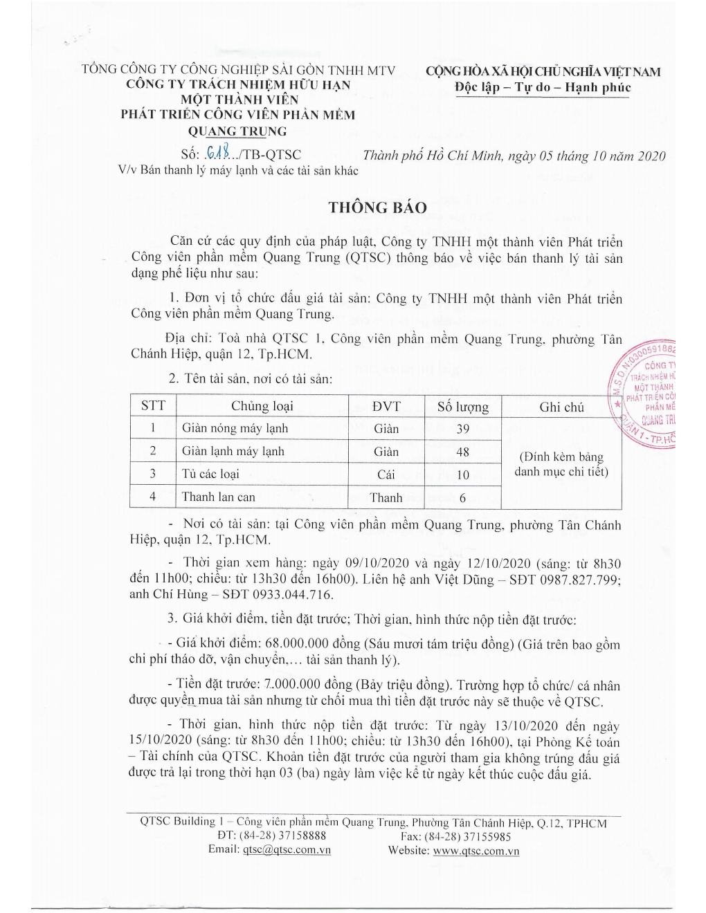 Thông báo v/v Bán thanh lý máy lạnh và các tài sản khác