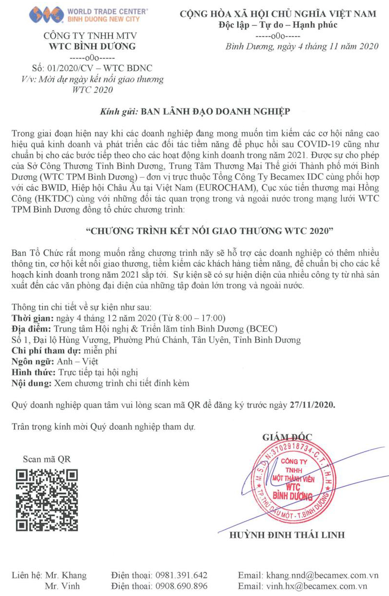 Mời tham dự Chương trình kết nối giao thương WTC 2020
