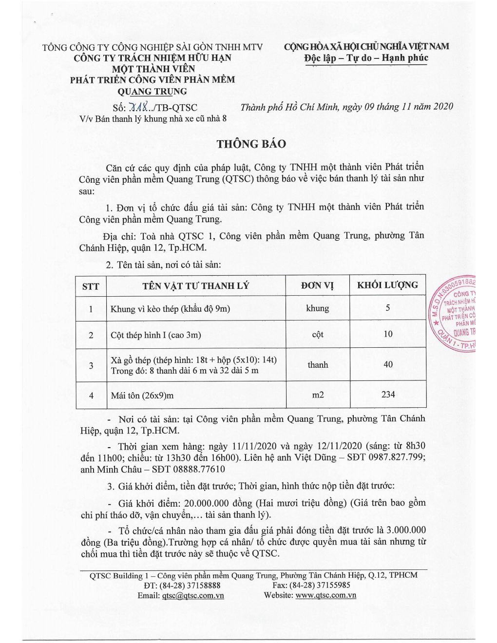 Thông báo v/v Bán thanh lý khung nhà xe cũ nhà 8