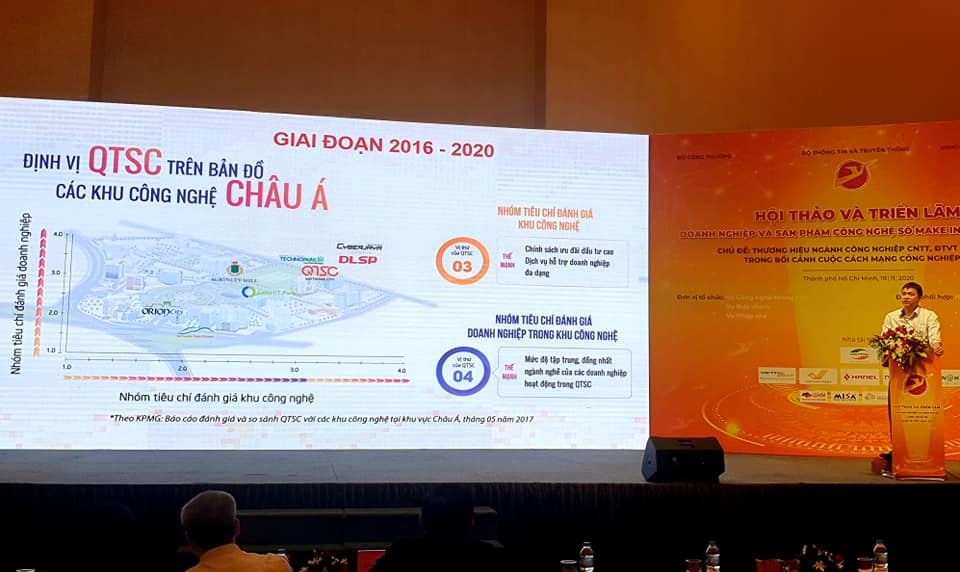 Ông Lâm Nguyễn Hải Long - Giám đốc QTSC trình bày bài tham luận "Từ Công viên phần mềm Quang Trung đến Chuỗi công viên phần mềm quốc gia"