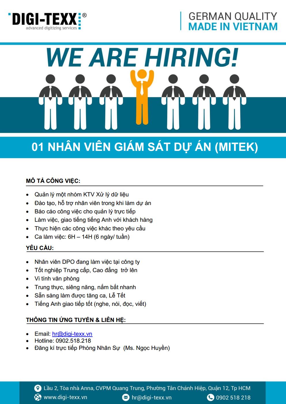 DIGI-TEXX tuyển Nhân viên Giám sát dự án (MITEK)