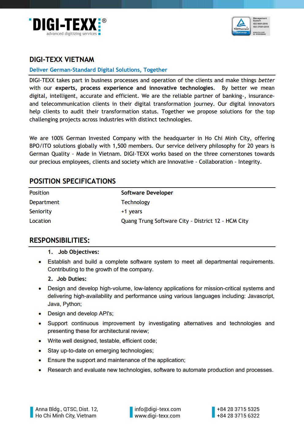 DIGI-TEXX is hiring Software Developer
