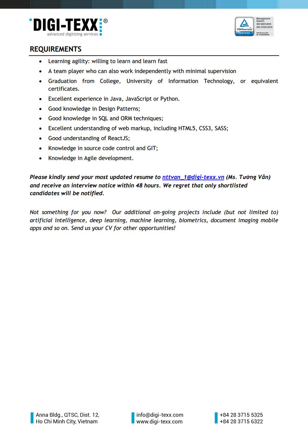 DIGI-TEXX is hiring Software Developer