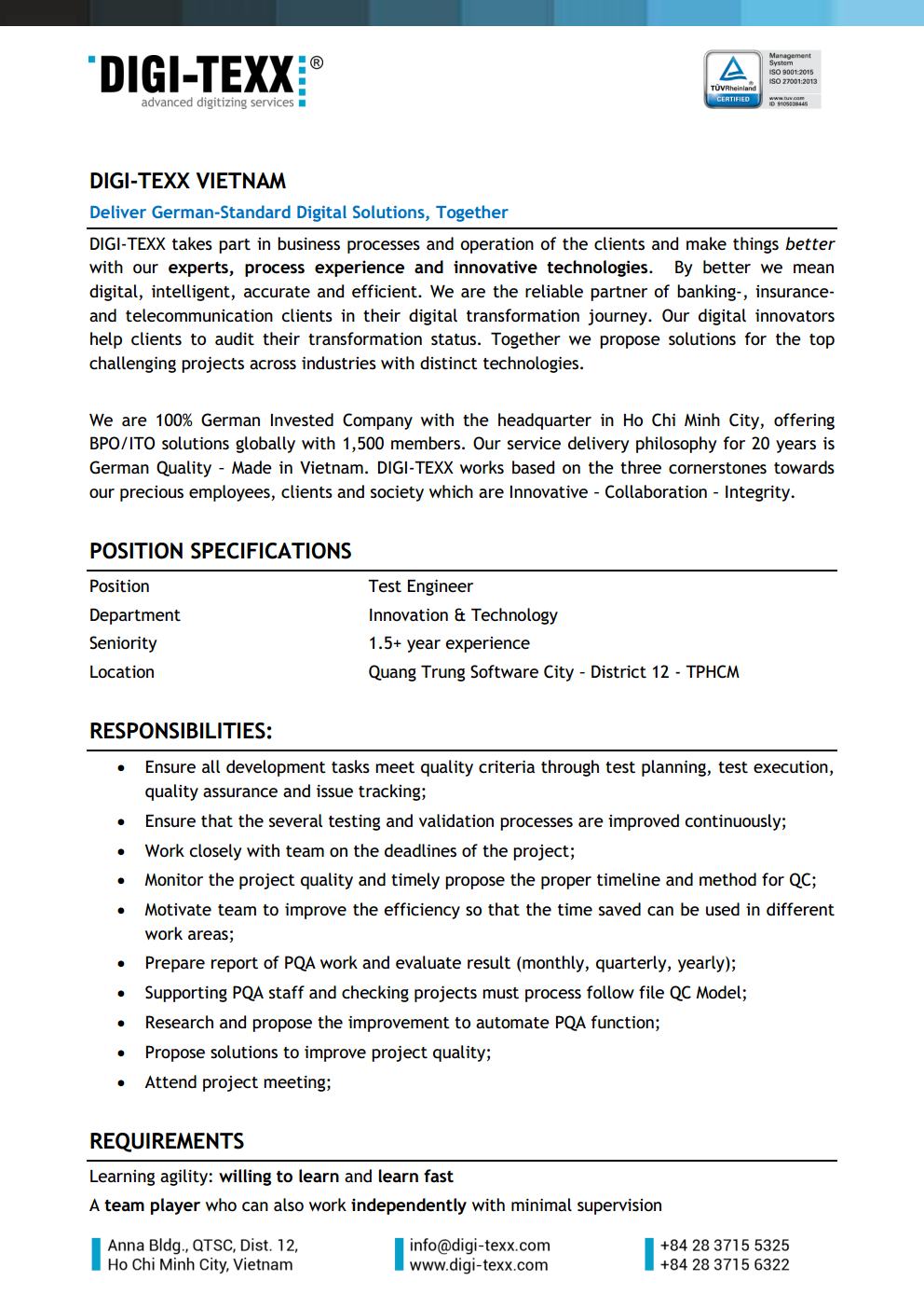 DIGI-TEXX is looking for Test Engineer