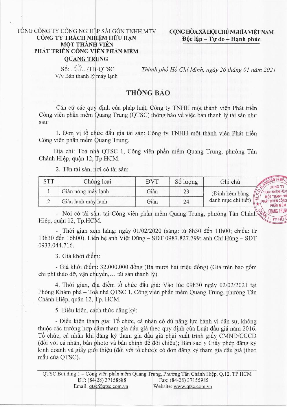 Thông báo v/v Bán thanh lý máy lạnh