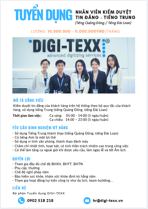 DIGI-TEXX tuyển dụng Nhân viên Kiểm duyệt tin đăng - tiếng Trung