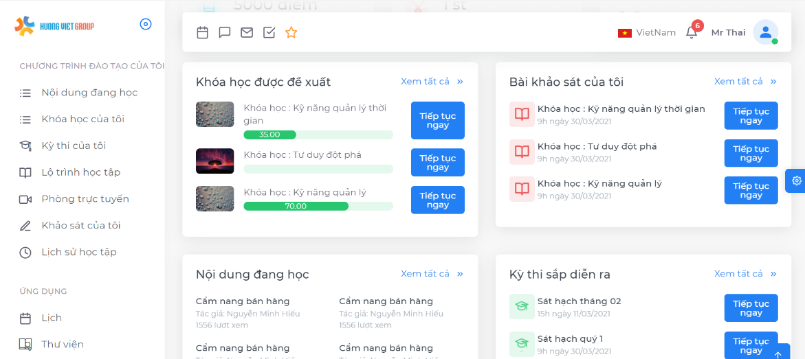 Hiển thị đề xuất và thông báo đối với học viên
