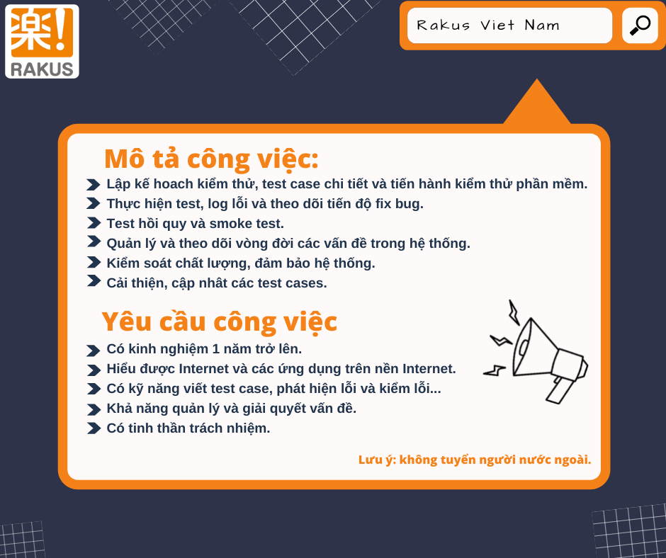 Rakus tuyển dụng 02 vị trí Tester