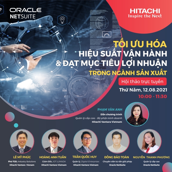 Hitachi Vantara Việt Nam phối hợp cùng Oracle Netsuite tổ chức Hội thảo trực tuyến về Chuyển đổi số với chủ đề: Tối ưu hiệu suất vận hành và đạt mục tiêu lợi nhuận trong ngành sản xuất”