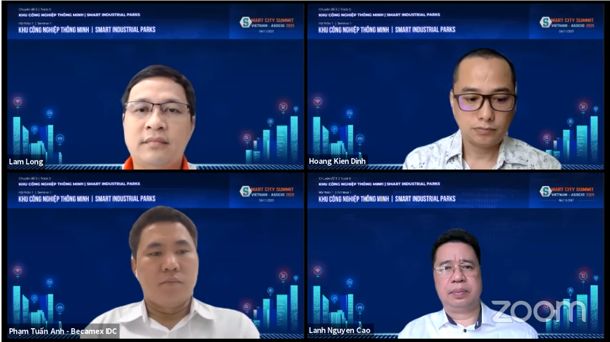 Ông Lâm Nguyễn Hải Long (màn hình phía trên bên trái) và các diễn giả tại chuyên đề “Khu công nghiệp thông minh”