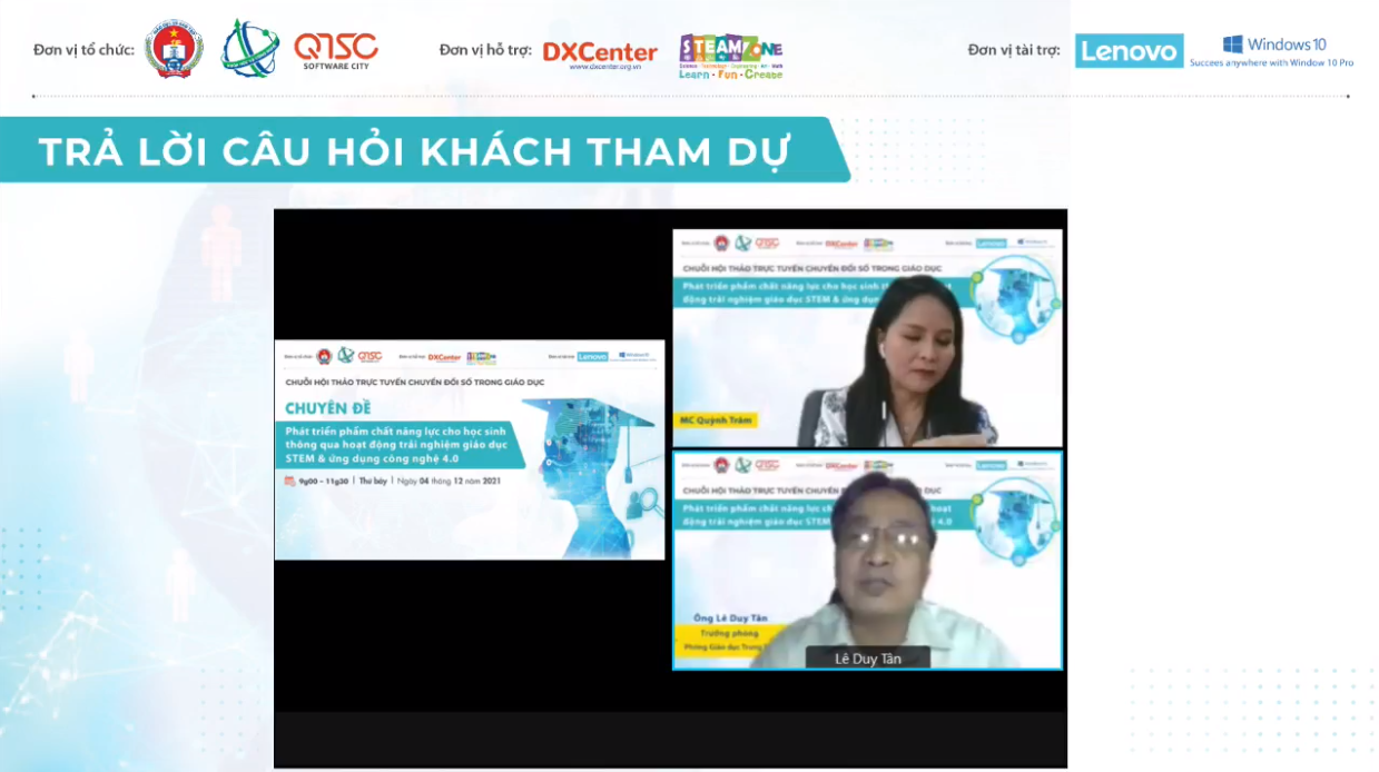 Hình 4: Thầy Lê Duy Tân - Trưởng phòng Giáo dục Trung học, Sở GDĐT TP.HCM đang trả lời câu hỏi của khách tham dự hội thảo