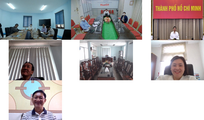 Các thành viên tham gia cuộc họp Tổng kết hoạt động Chuỗi Công viên phần mềm Quang Trung năm 2021 và định hướng phát triển năm 2022 trên phần mềm họp trực tuyến