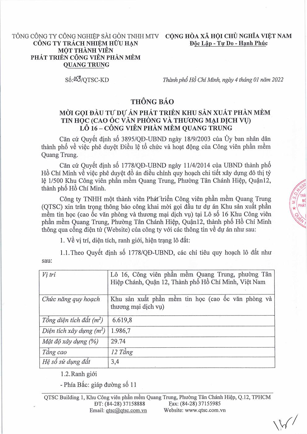 Thông báo mời gọi đầu tư dự án phát triển Khu sản xuất phần mềm tin học (Cao ốc văn phòng và thương mại dịch vụ) Lô 16 - Công viên phần mềm Quang Trung
