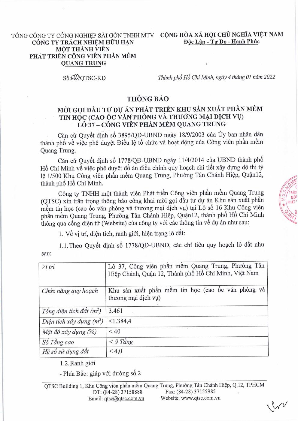 Thông báo mời gọi đầu tư dự án phát triển Khu sản xuất phần mềm tin học (Cao ốc văn phòng và thương mại dịch vụ) Lô 37 - Công viên phần mềm Quang Trung