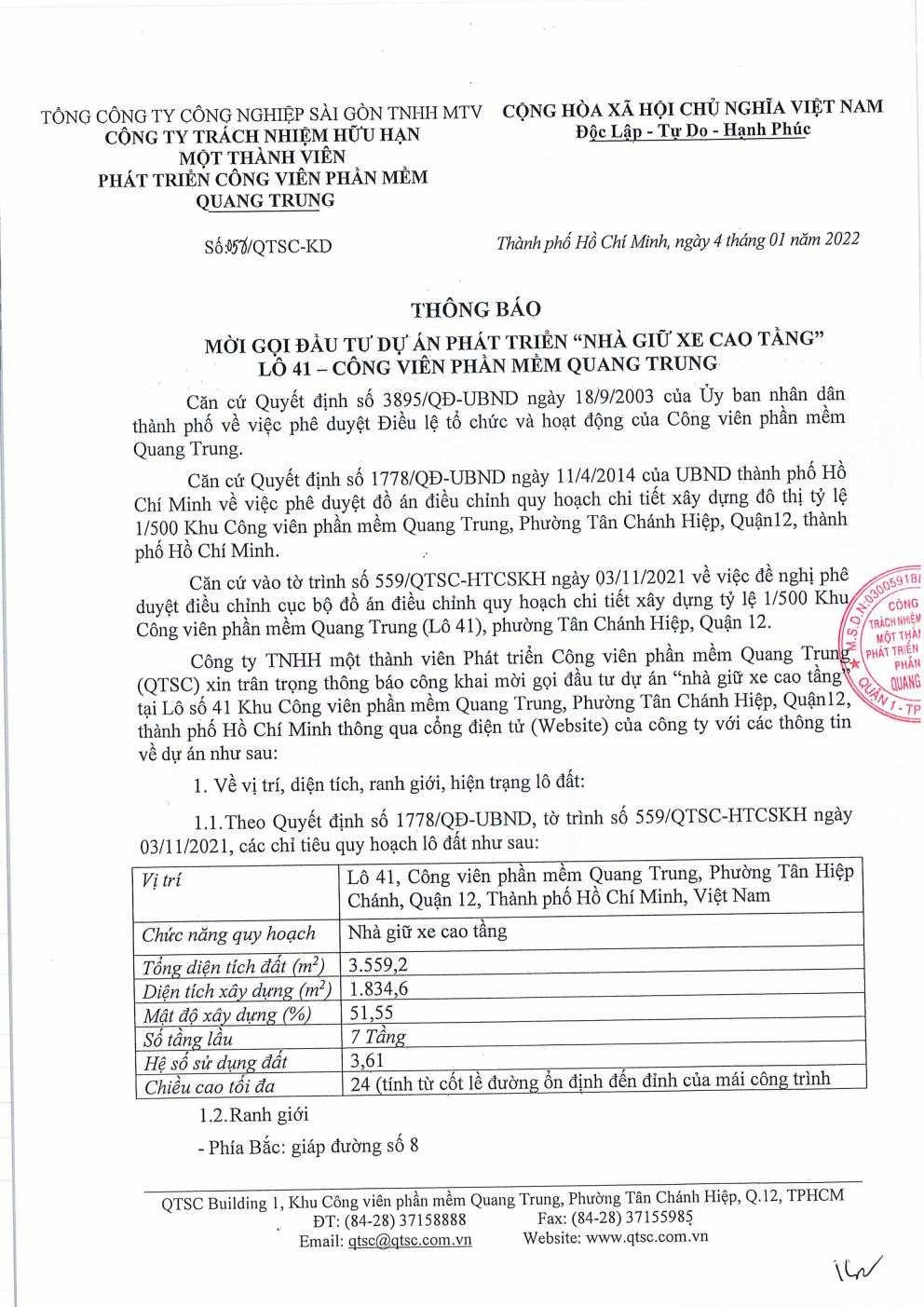 Thông báo mời gọi đầu tư dự án phát triển "Nhà giữ xe cao tầng" tại Lô 41 - Công viên phần mềm Quang Trung