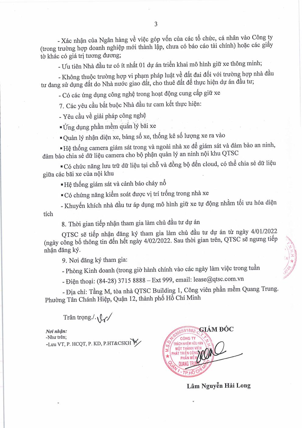 Thông báo mời gọi đầu tư dự án phát triển "Nhà giữ xe cao tầng" tại Lô 41 - Công viên phần mềm Quang Trung