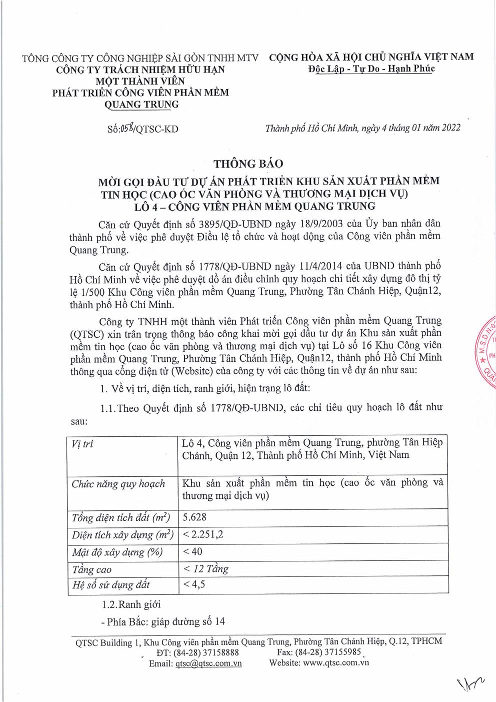 Thông báo mời gọi đầu tư dự án phát triển Khu sản xuất phần mềm tin học (Cao ốc văn phòng và thương mại dịch vụ) Lô 4 - Công viên phần mềm Quang Trung