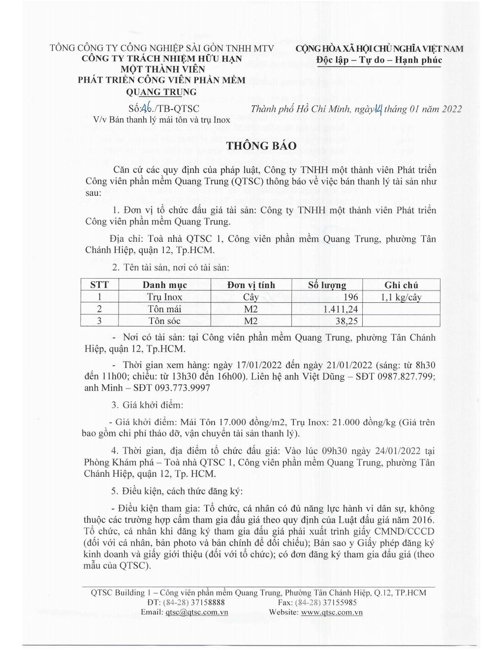 Thông báo v/v Bán thanh lý mái tôn và trụ Inox