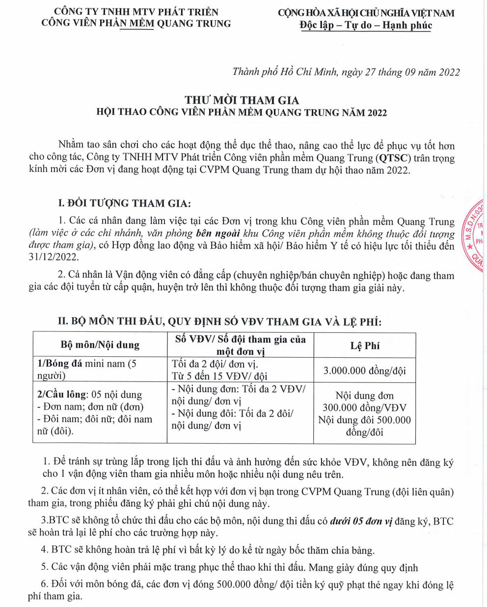 Mời tham gia Hội thao Công viên phần mềm Quang Trung năm 2022