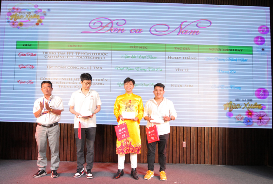 Nội dung Đơn ca Nam: Giải Nhất (Bùi Quang Minh Nhật, Trung tâm FPT TPHCM (thuộc Cao đẳng FPT Polytechnic), tiết mục Hào khí Việt Nam), Giải Nhì (Vương Lê, Tập đoàn công nghệ TMA, tiết mục Việt Nam Trong Tôi Là), Giải Ba (Bùi Đức Trọng, QTSC, Yêu dân tộc Việt Nam)