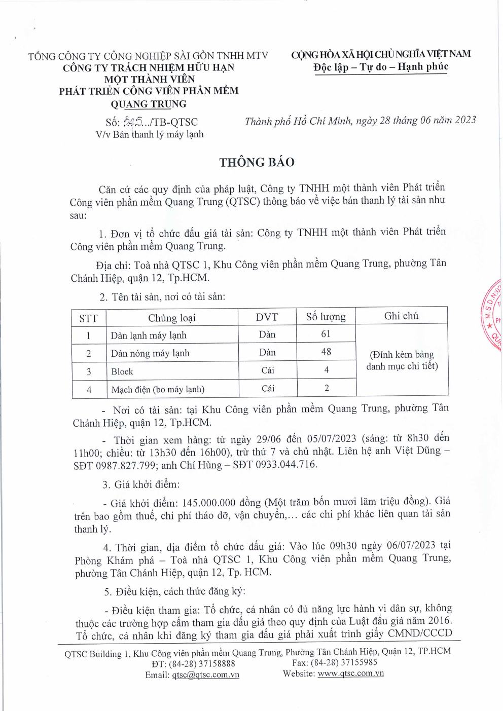 Thông báo v/v Bán thanh lý máy lạnh