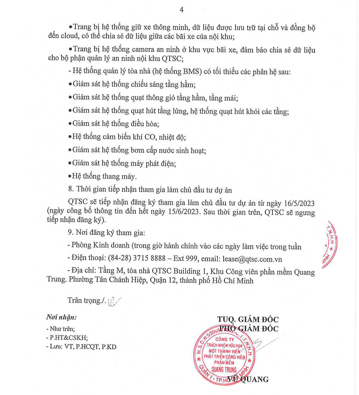 Thông báo mời gọi đầu tư dự án phát triển Khu sản xuất phần mềm tin học tại Lô 21 - CVPM Quang Trung