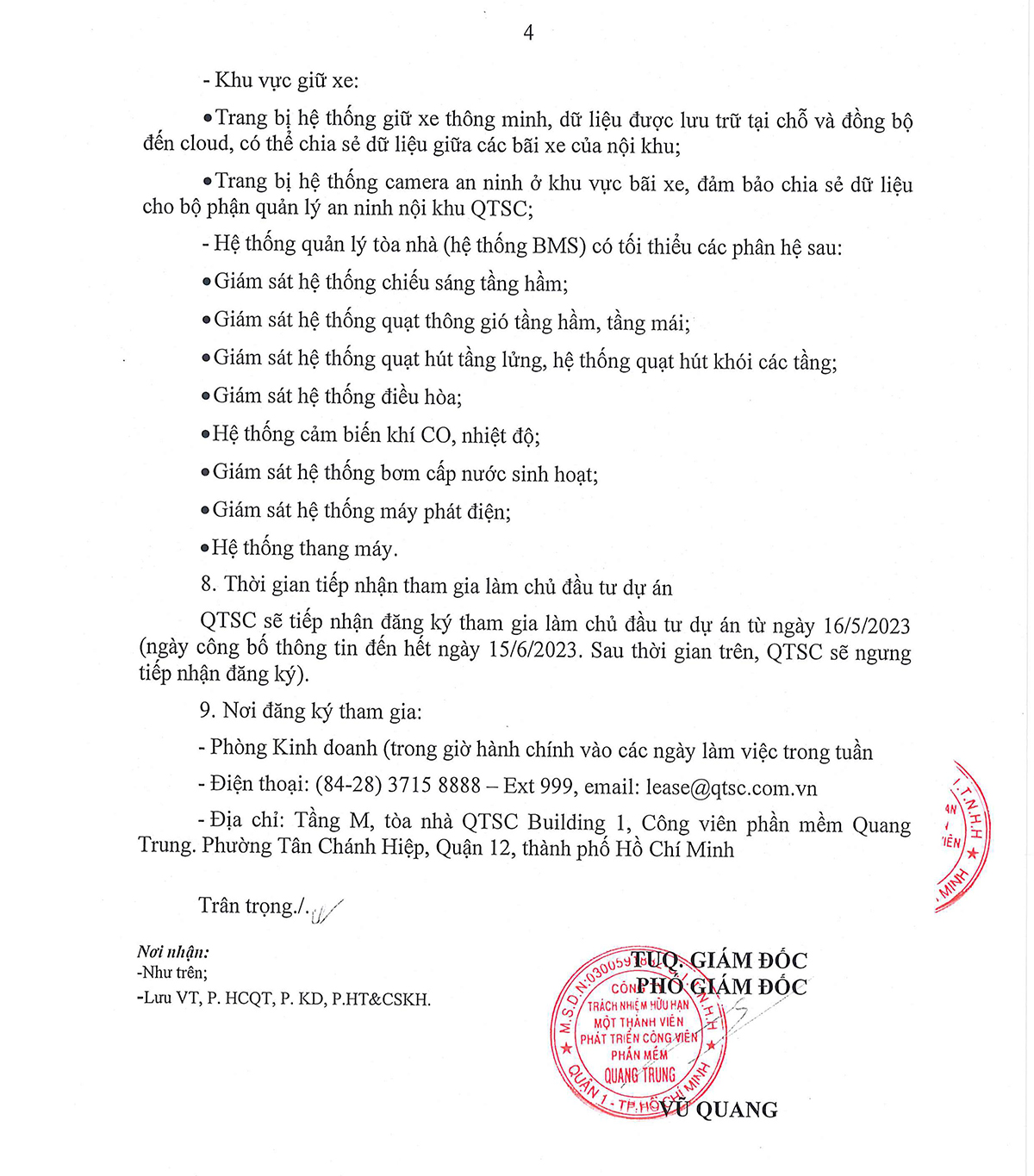 Thông báo mời gọi đầu tư dự án phát triển Khu sản xuất phần mềm tin học tại Lô 43 - CVPM Quang Trung