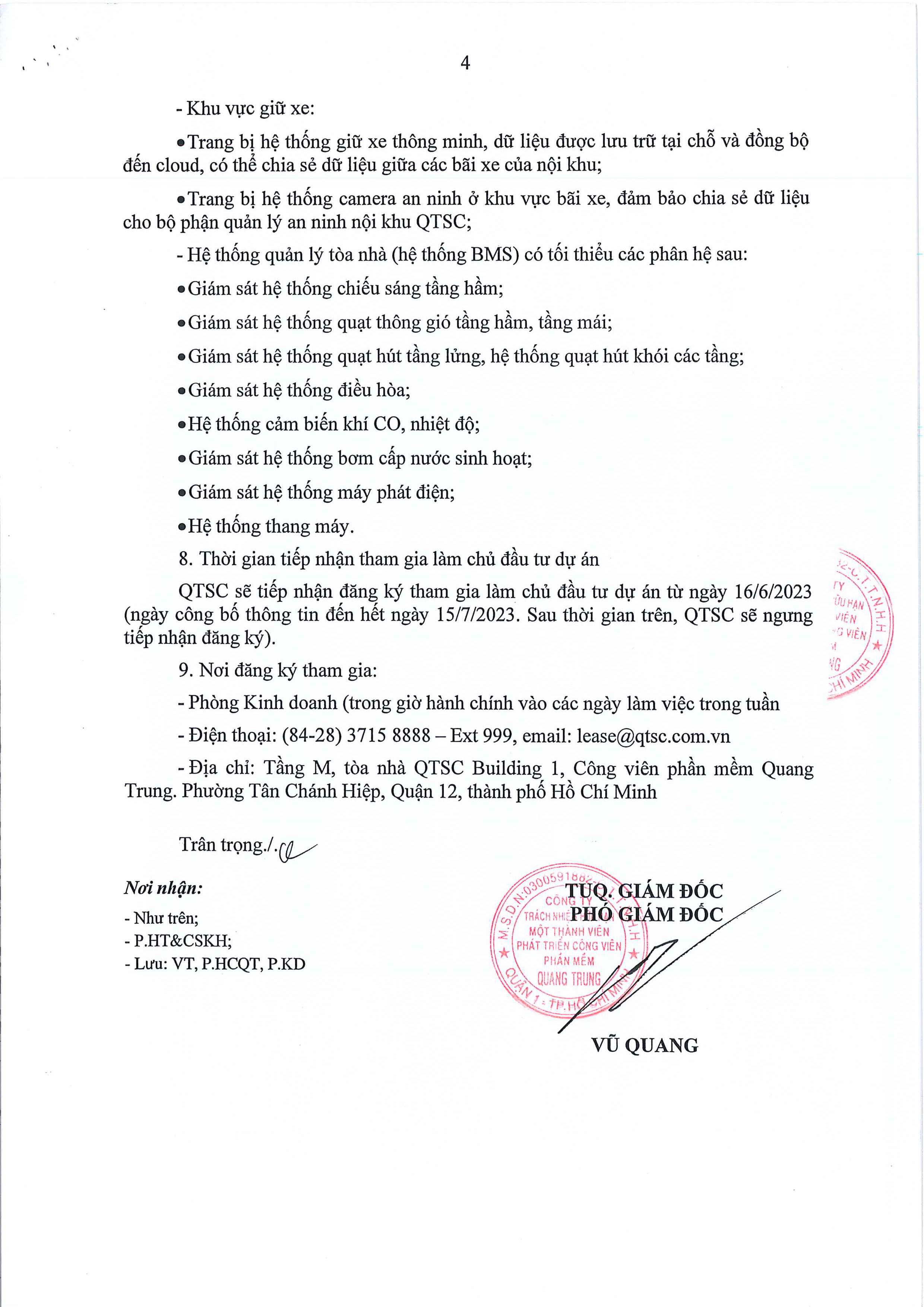 Thông báo mời gọi đầu tư dự án phát triển Khu sản xuất phần mềm tin học tại Lô 43 - CVPM Quang Trung
