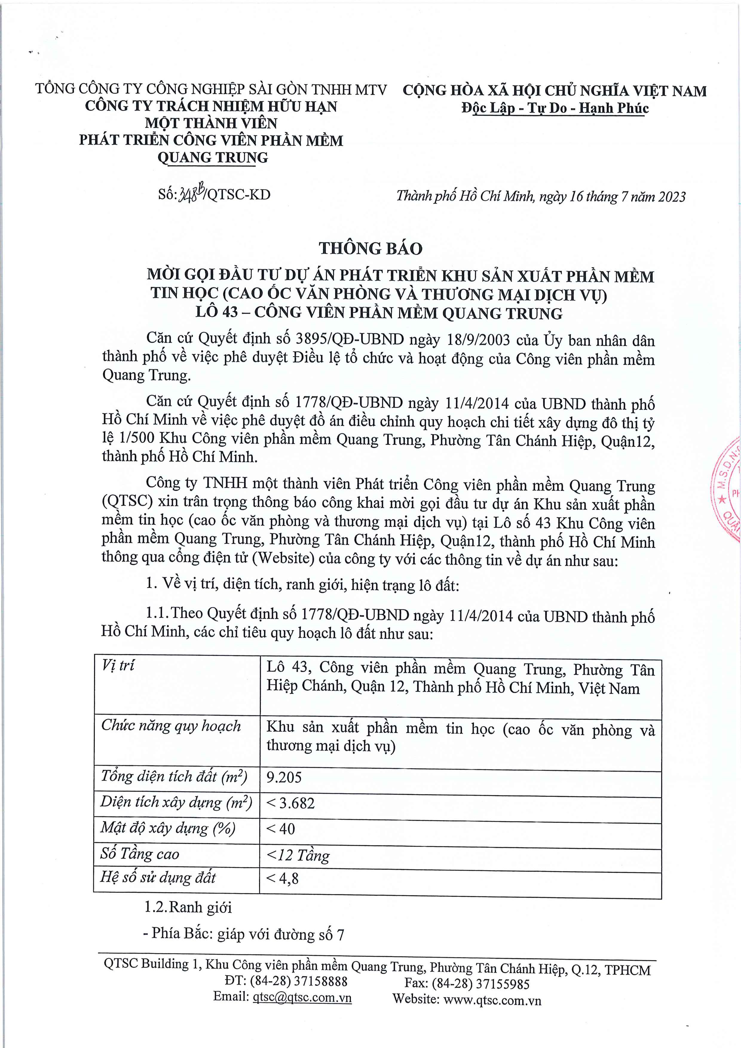 Thông báo mời gọi đầu tư dự án phát triển Khu sản xuất phần mềm tin học tại Lô 43 - CVPM Quang Trung