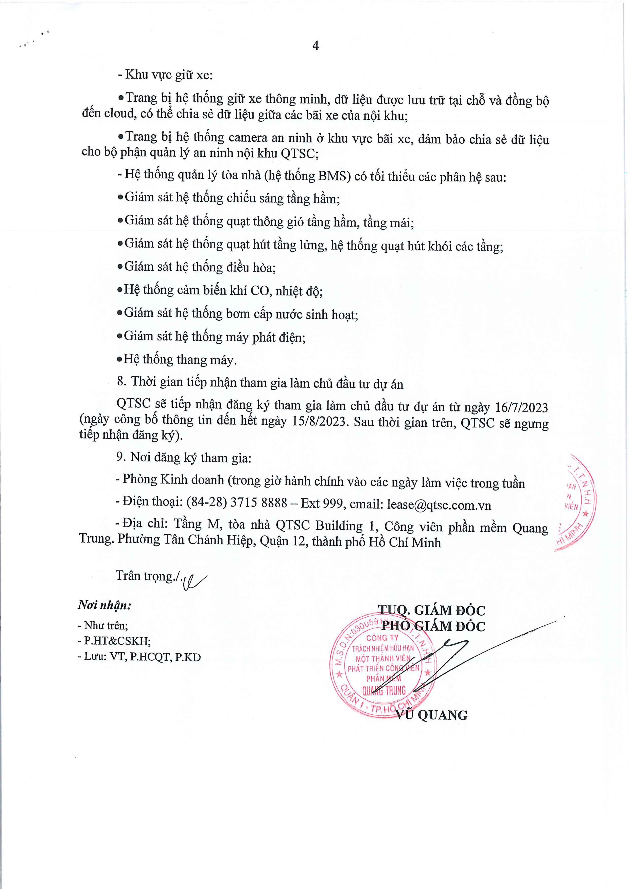 Thông báo mời gọi đầu tư dự án phát triển Khu sản xuất phần mềm tin học tại Lô 43 - CVPM Quang Trung