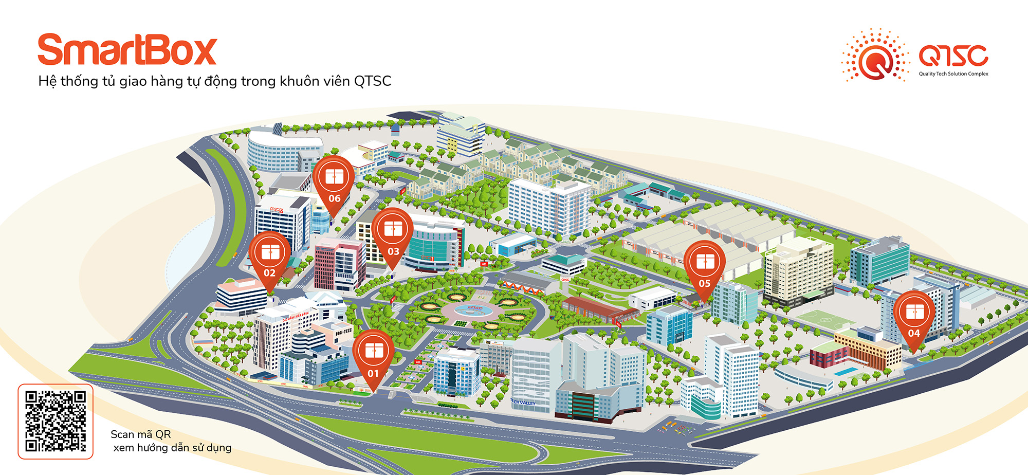 Các vị trí đặt SmartBox tại QTSC: Cổng Quốc lộ 1A, Cổng Tô Ký, Tòa nhà QTSC Building 1, Cổng số 4 (gần tòa nhà TMA Tower và SMS), Tòa nhà QTSC Building 8 (gần quán HD Coffee), Tòa nhà Helios