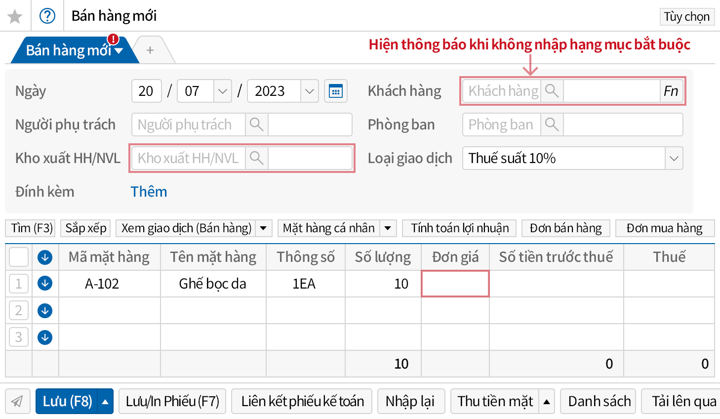 Giao diện bán hàng của Ecount