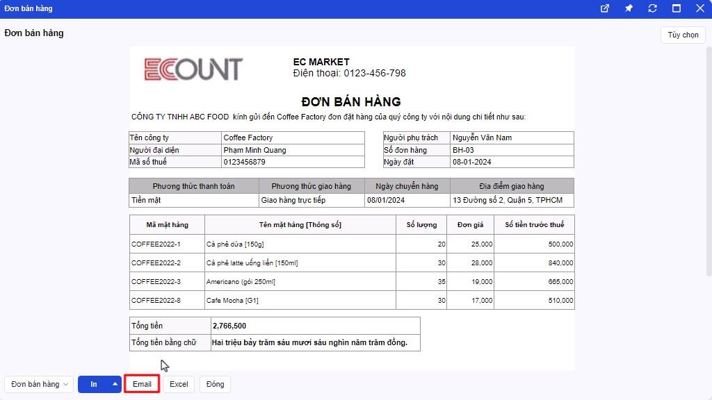 Giao diện phiếu thông tin đơn bán hàng trên hệ thống Ecount