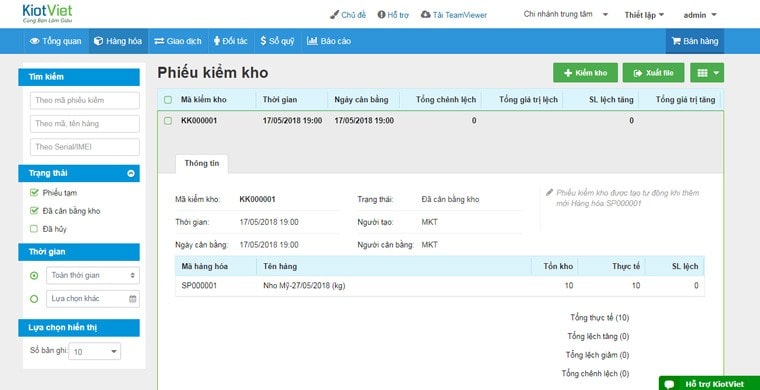 Giao diện quản lý kho của KiotViet