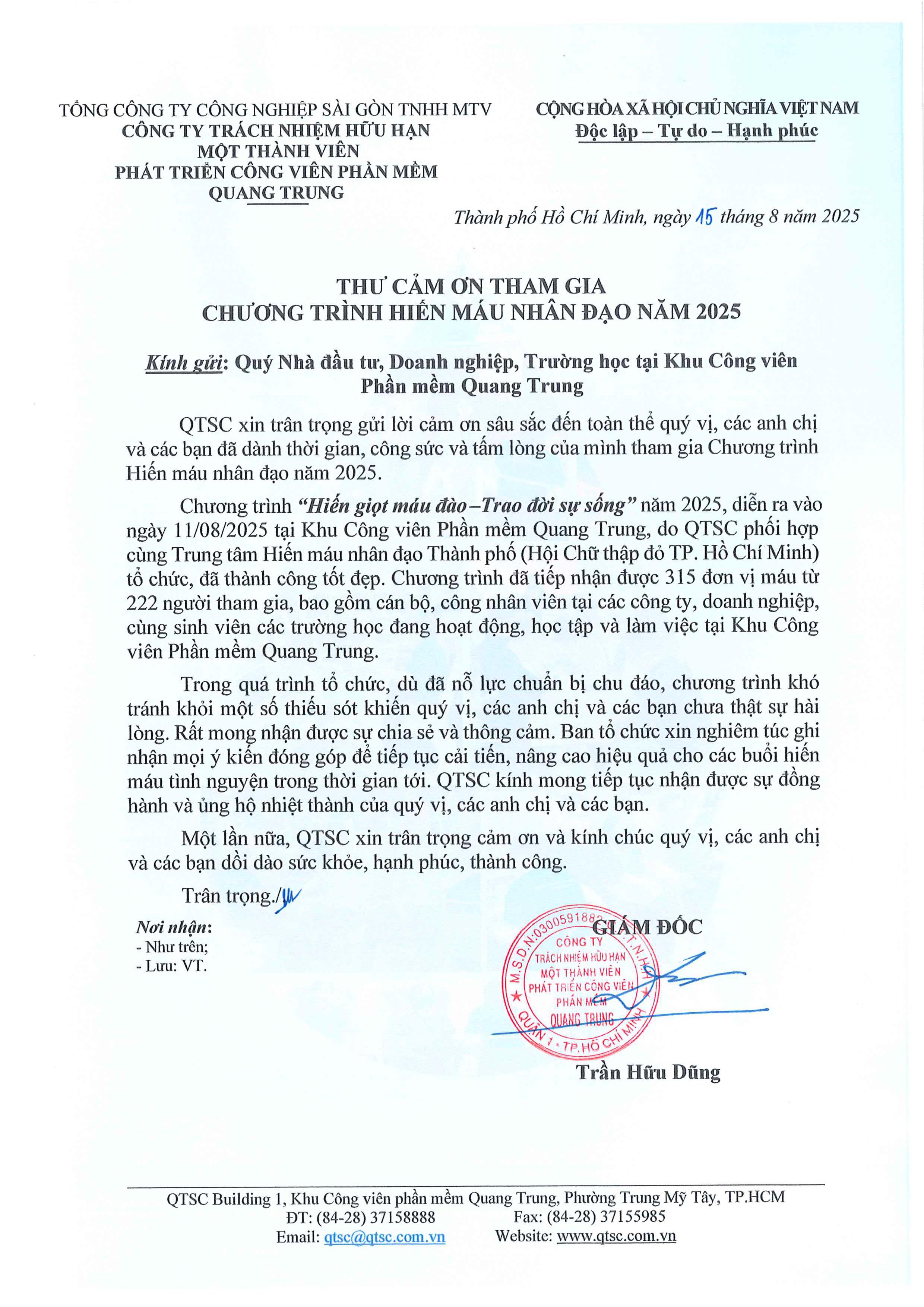 Thư cảm ơn tham gia Chương trình Hiến máu nhân đạo năm 2025