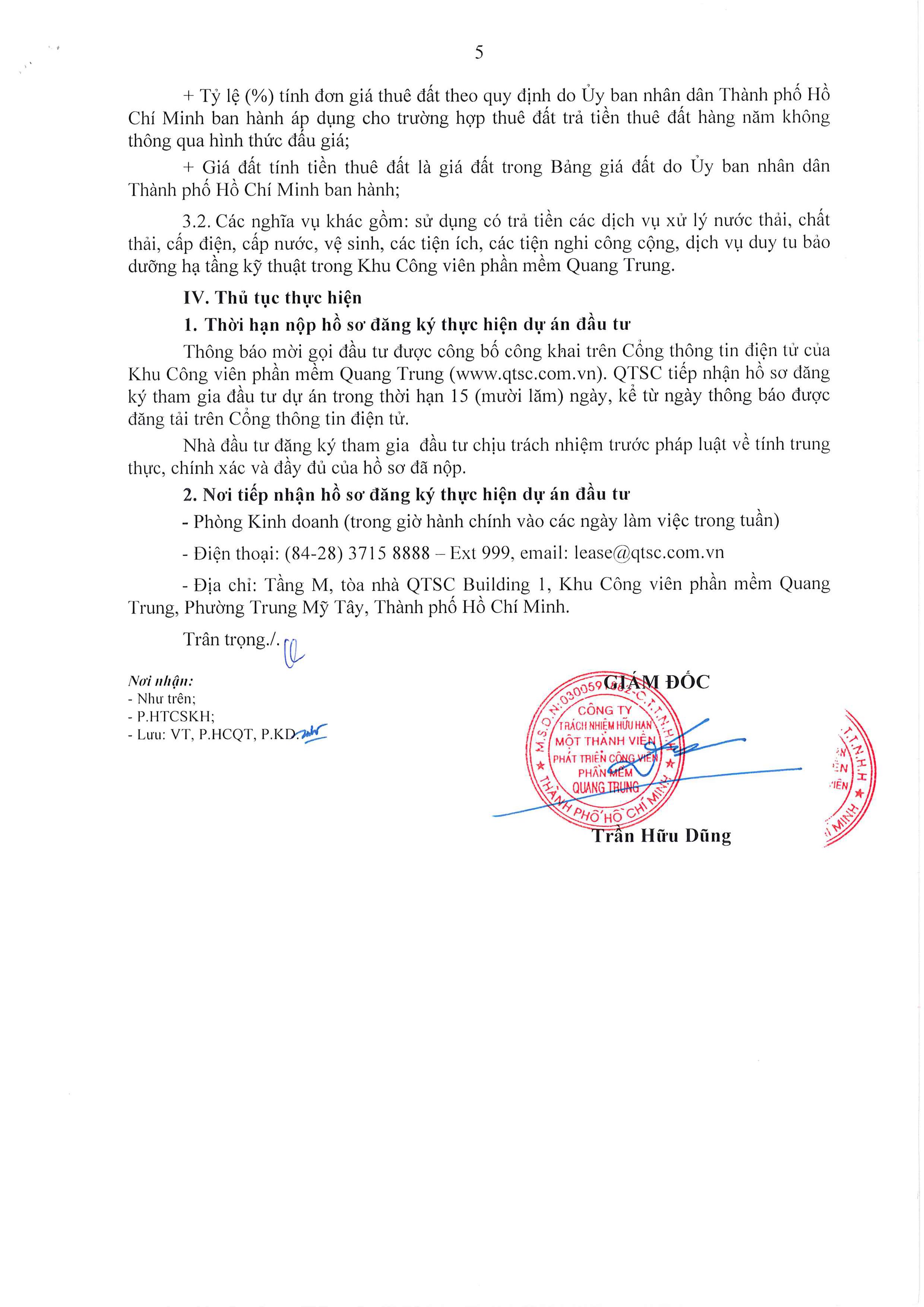 Thông báo mời gọi đầu tư dự án có sử dụng đất để phát triển khu sản xuất phần mềm tin học (cao ốc văn phòng và thương mại dịch vụ) tại lô 47 - Khu Công viên phần mềm Quang Trung