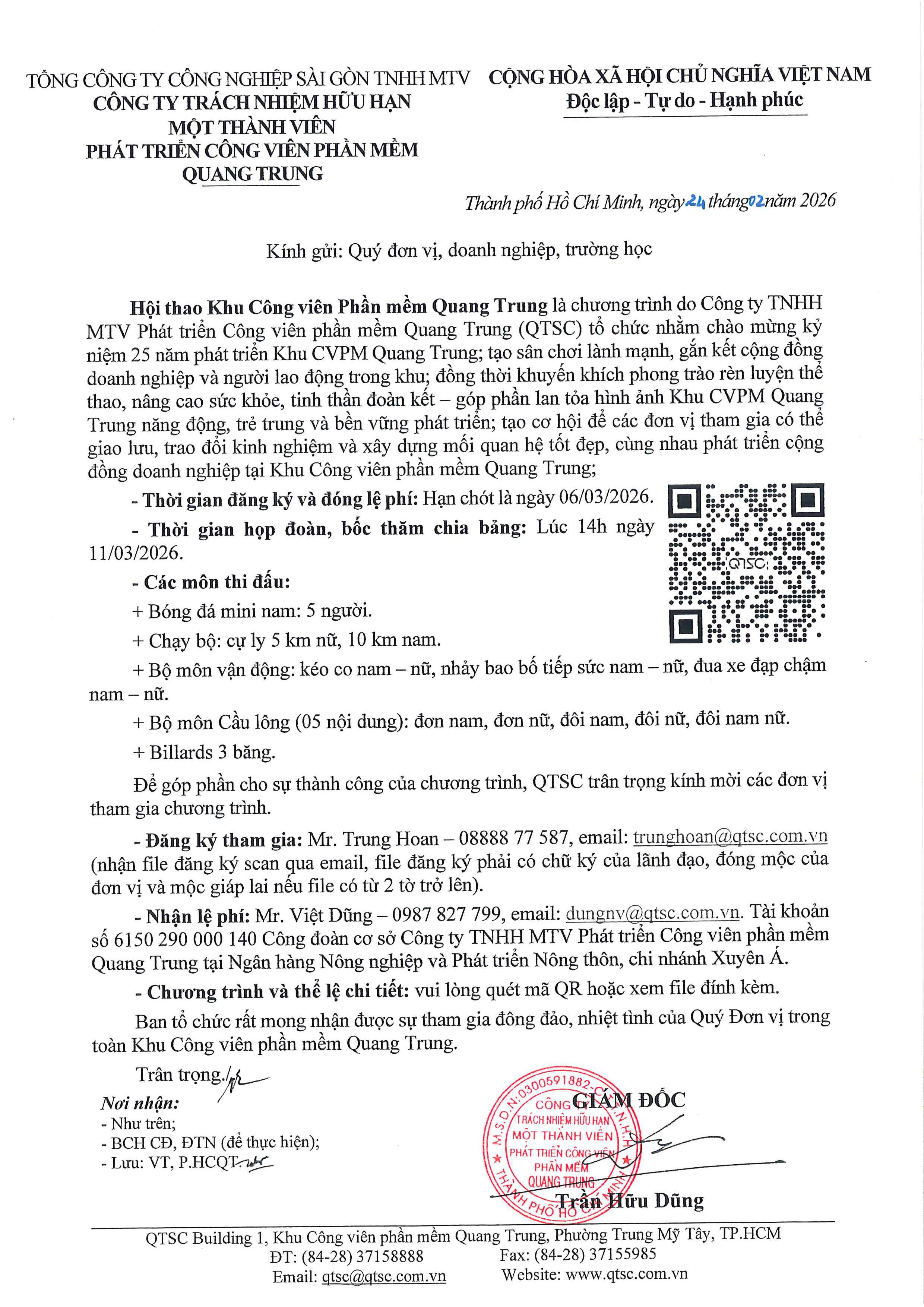 thư mời tham gia hội thao khu công viên phần mềm Quang Trung 2026