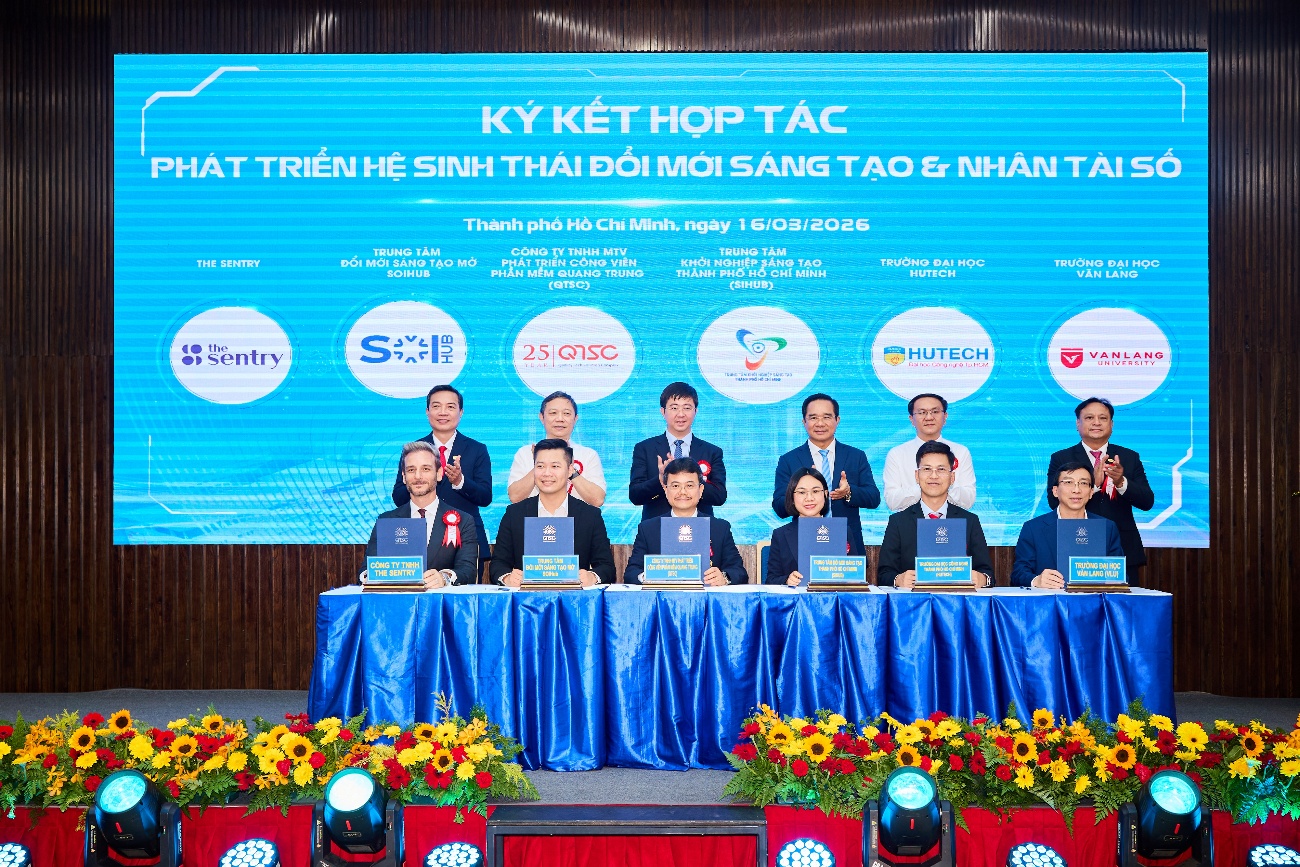 Ký kết hợp tác phát triển Hệ sinh thái đổi mới sáng tạo và nhân tài số giữa QTSC và The Sentry, Trung tâm sáng tạo mở SOIHUB, Trung tâm Khởi nghiệp sáng tạo Thành phố Hồ Chí Minh (SIHUB), Đại học HUTECH và Đại học Văn Lang