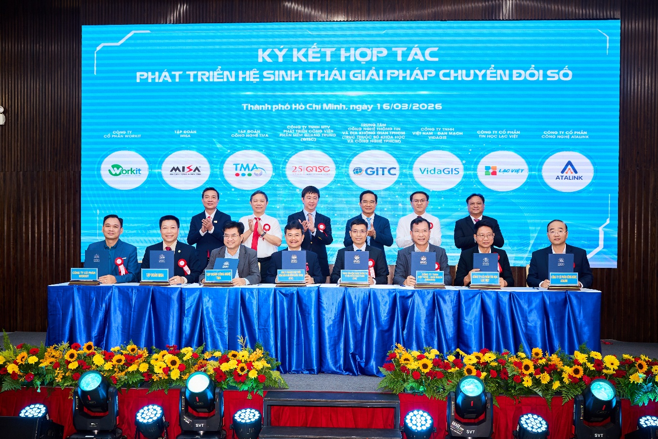 Ký kết hợp tác phát triển Hệ sinh thái Giải pháp chuyển đổi số giữa QTSC và Tập đoàn công nghệ TMA, Công ty Cổ phần Công nghệ Atalink, Công ty Cổ phần Tin học Lạc Việt, Tập đoàn MISA, Công ty Cổ phần Workit, Trung tâm công nghệ thông tin và địa không gian TP.HCM (trực thuộc Sở Khoa học và Công nghệ TP.HCM), Công ty TNHH Việt Nam – Đan Mạch VIDAGIS
