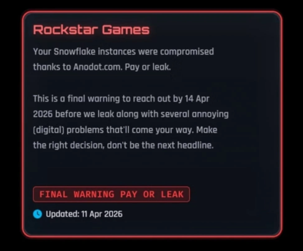 Thông báo của nhóm hacker ShinyHunters về việc tấn công máy chủ Rockstar.